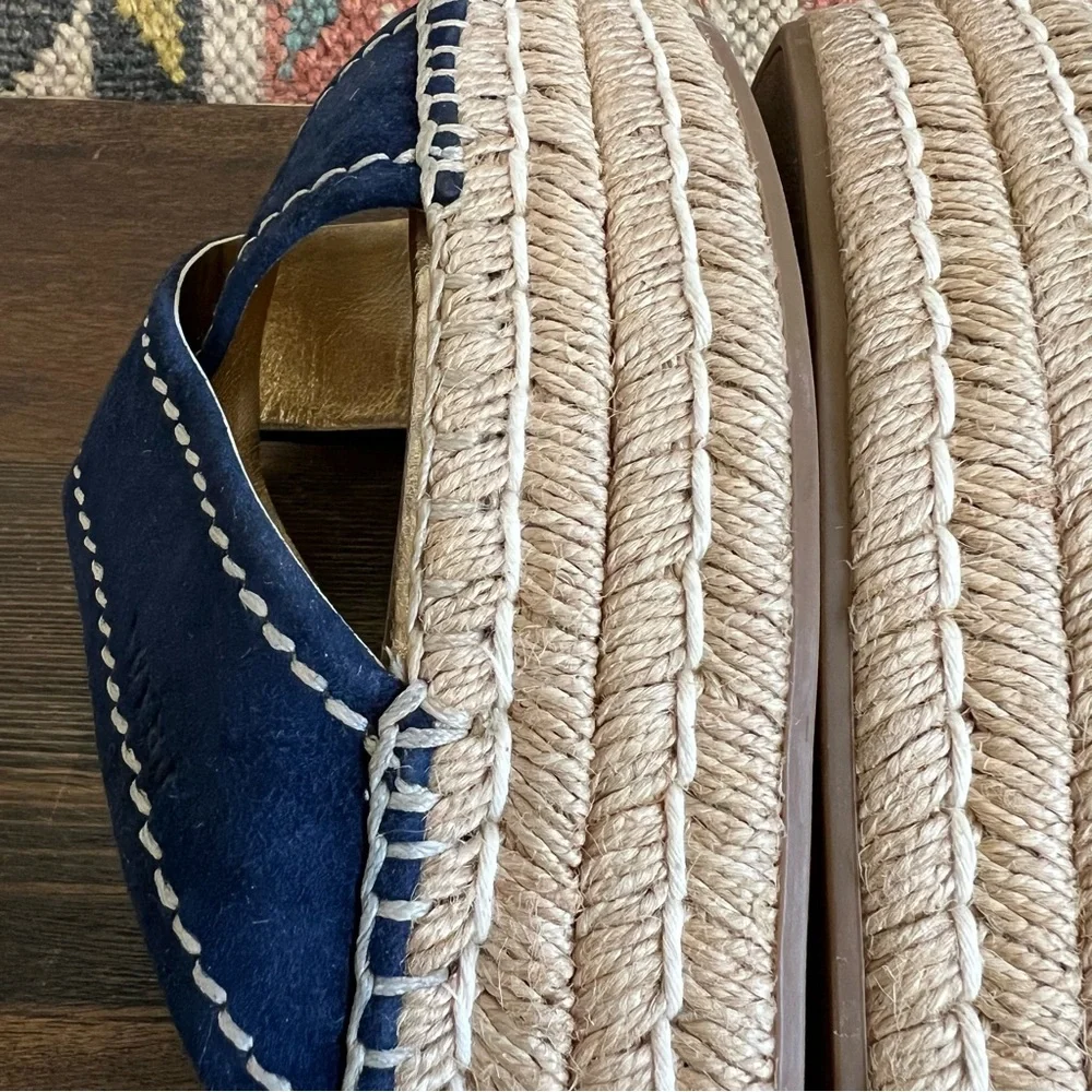 PRADA Blue Suede Exposed Stitch Crisscross Platform Sandals Espadrilles 37.5